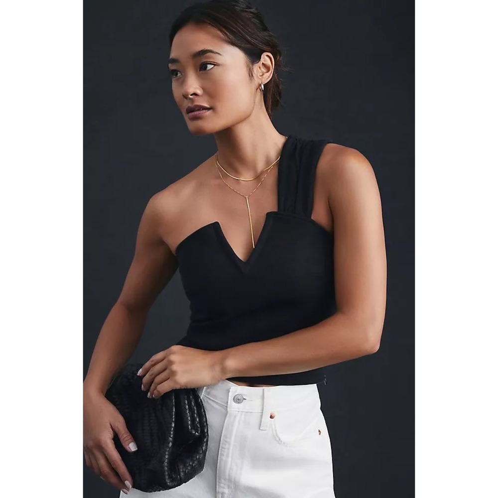 Maeve by Anthropologie Black One Shoulder Asymmetrical V-Neck Tank Top XL